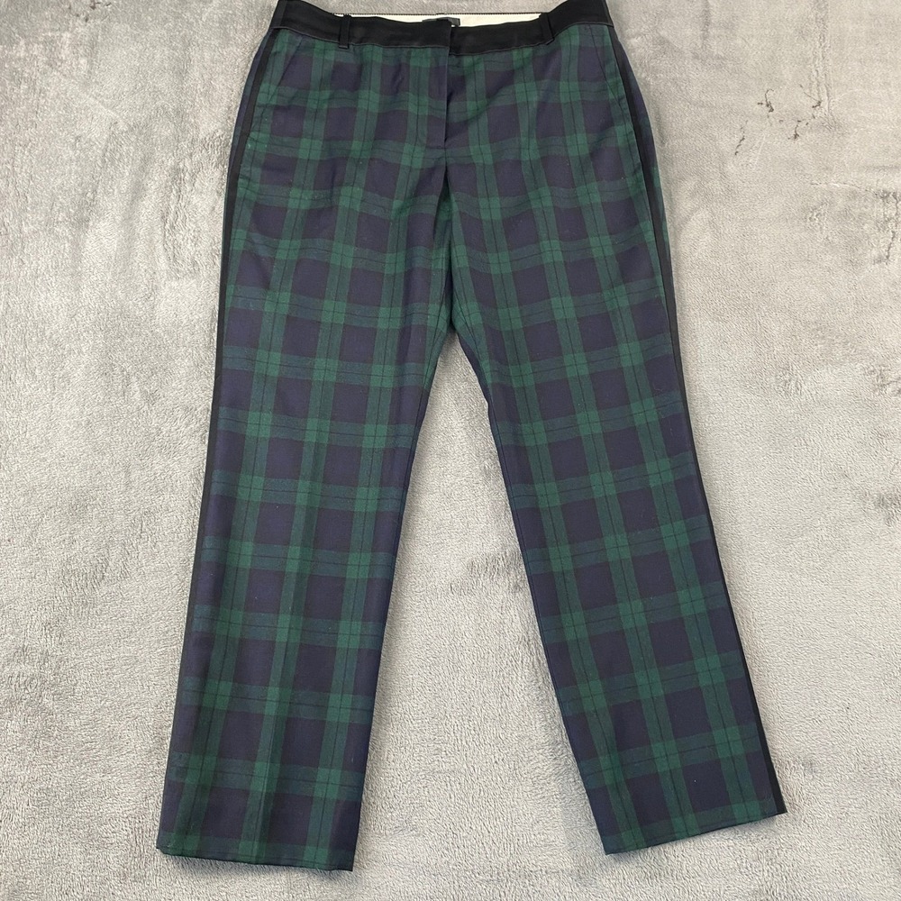 J.Crew Plaid Pants Womens 12T Green Black Watch Wool Blend Tuxedo Stripe Tall
